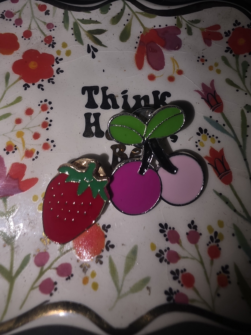 SET OF 2 Colorful Fruit Enamel Pins - Strawberry & Cherries